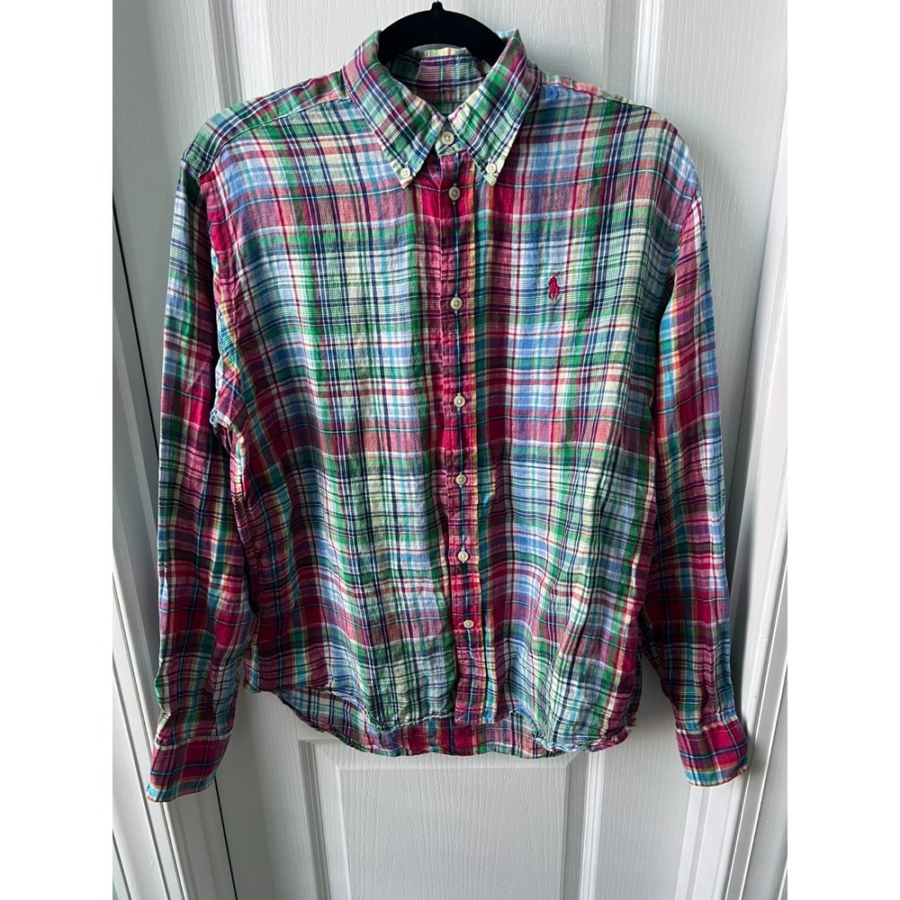 Ralph Lauren Sport Boys Youth Size 14 Plaid Linen Button Front Long Sleeve Shirt